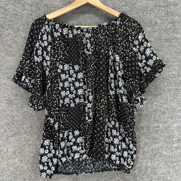 Luna Blouse Women 1X Plus Black Floral Short Sleeve Rayon Round Neck Casual - Picture 2 of 7